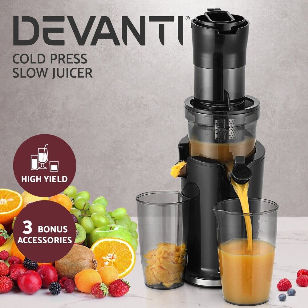 Devanti Slow Juicer Cold Press Fruit Juice Extractor 200W Black