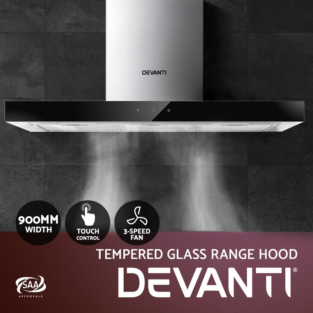 Devanti Range Hood 900mm Rangehood 90cm Stainless Steel Glass Kitchen Canopy Black