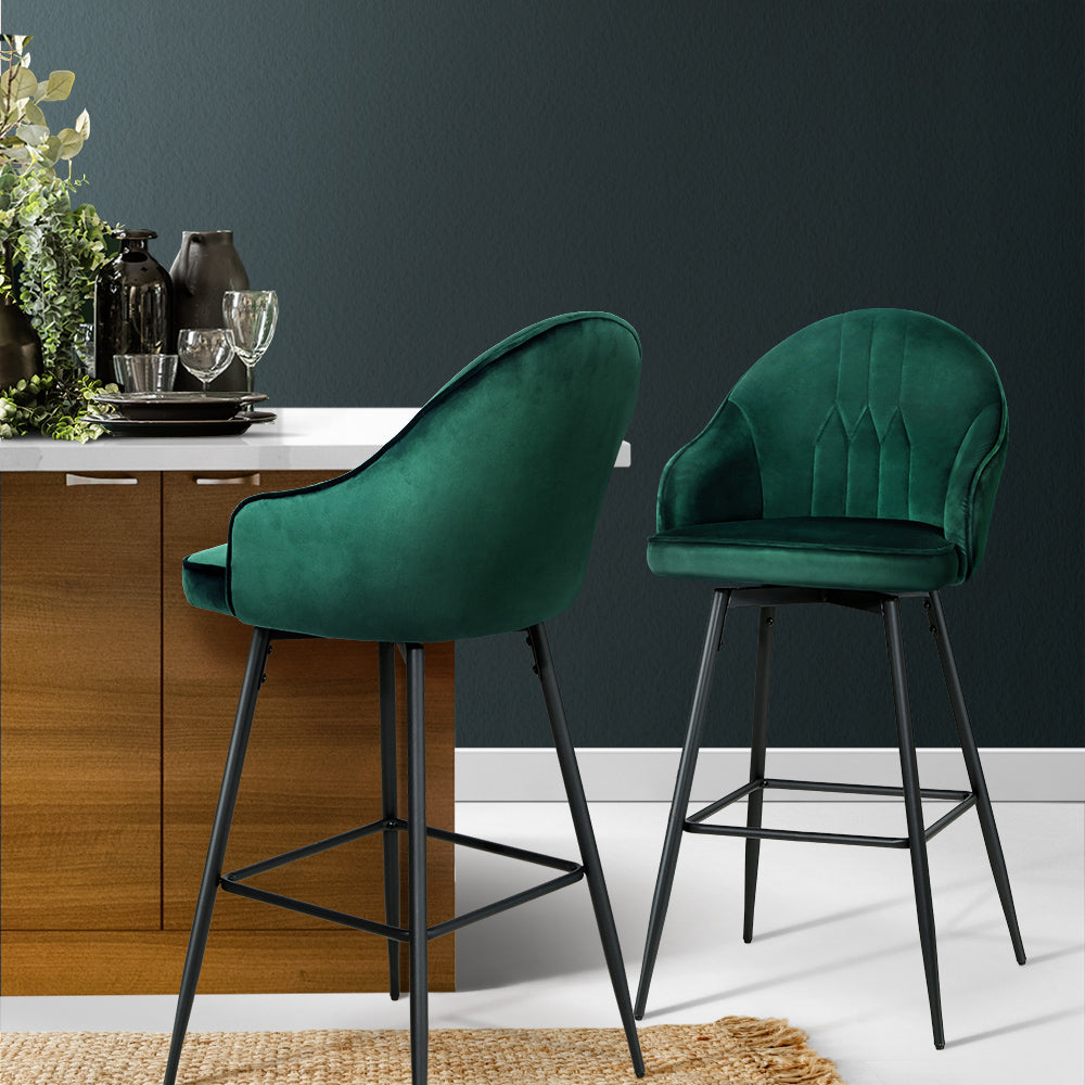 Artiss Set of 2 Bar Stools Kitchen Stool Dining Chairs Velvet Chair Barstool Green Mesial