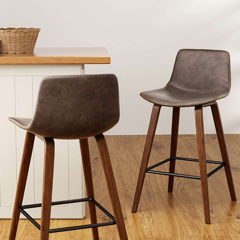 Artiss Set of 2 PU Leather Bar Stools Square Footrest - Wood and Brown