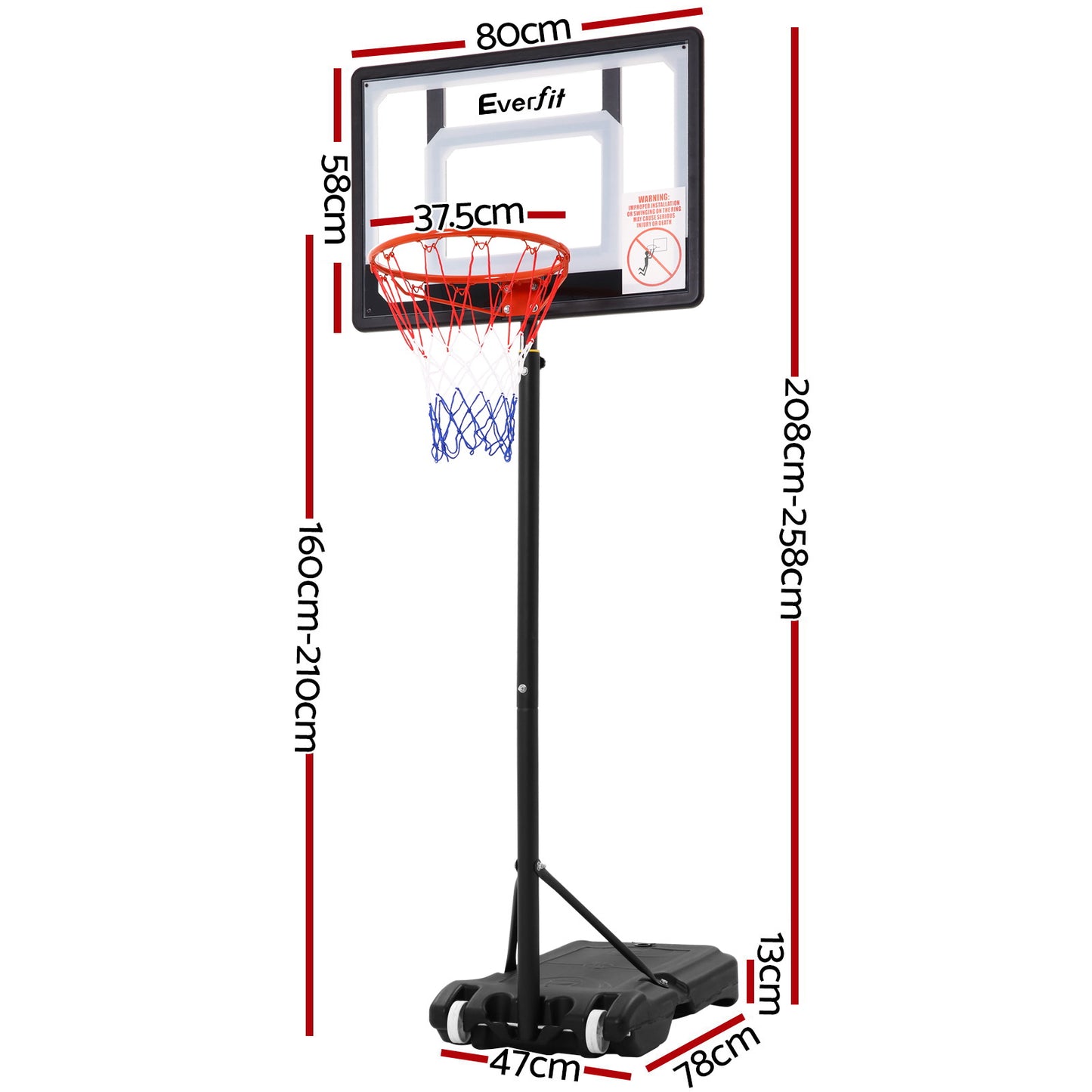 Everfit Adjustable Portable Basketball Stand Hoop System Rim