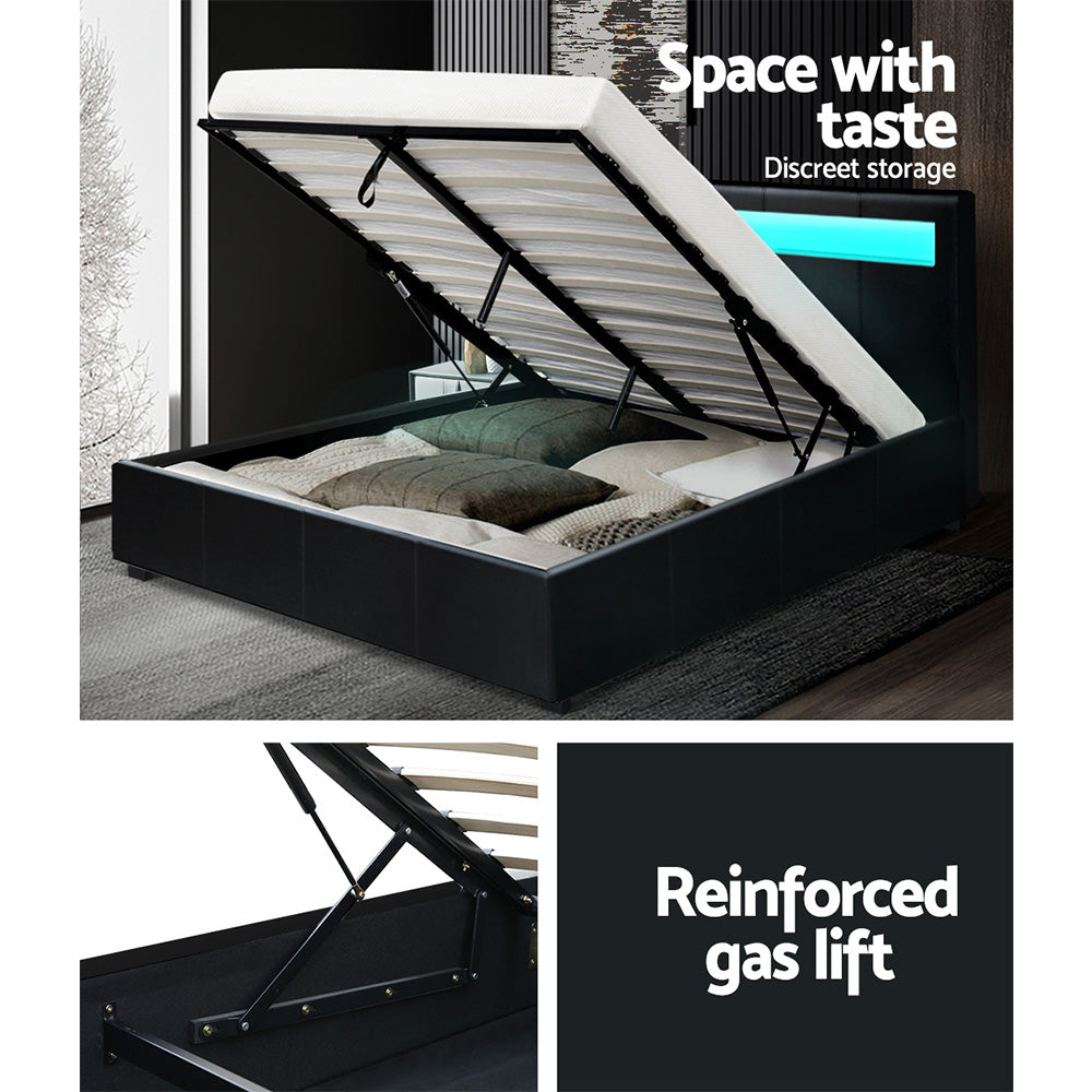 Artiss Cole LED Bed Frame PU Leather Gas Lift Storage - Black Double