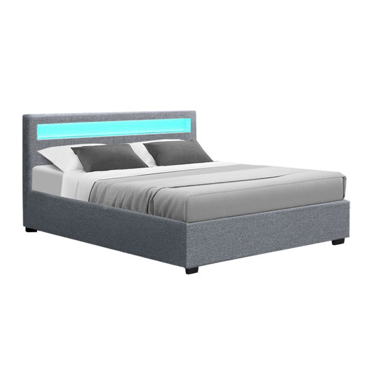 Artiss Cole LED Bed Frame Fabric Gas Lift Storage - Grey Queen