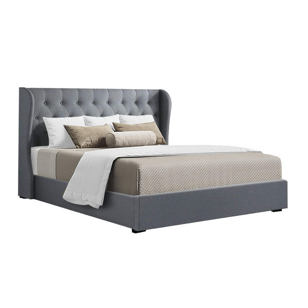 Artiss Issa Bed Frame Fabric Gas Lift Storage - Grey Queen