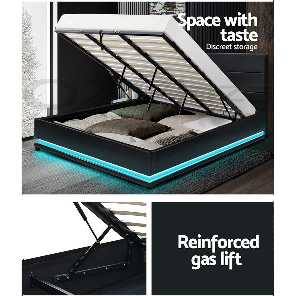 Artiss Lumi LED Bed Frame PU Leather Gas Lift Storage - Black King