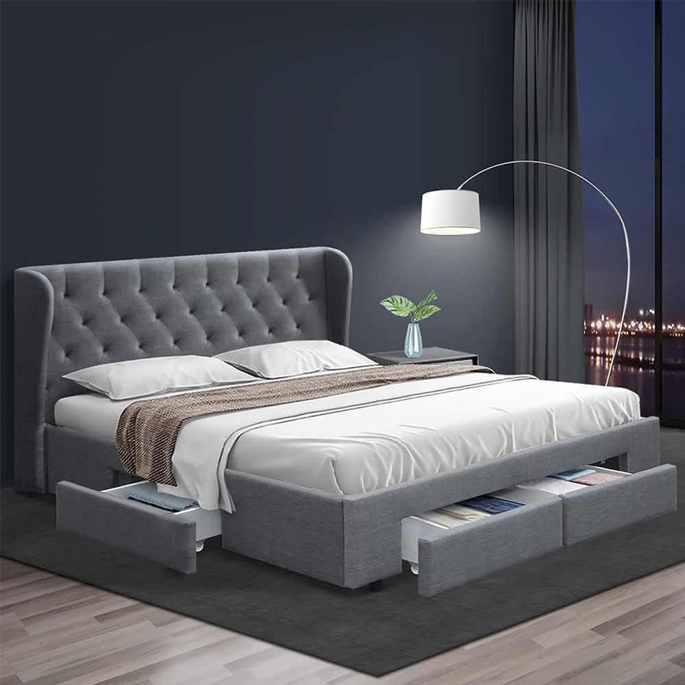 Artiss Bed Frame Queen Size Base With Storage Drawers Grey Fabric Mila Collection