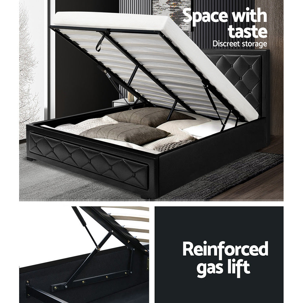 Artiss Bed Frame Double Size Gas Lift Base With Storage Black Leather Tiyo Collection