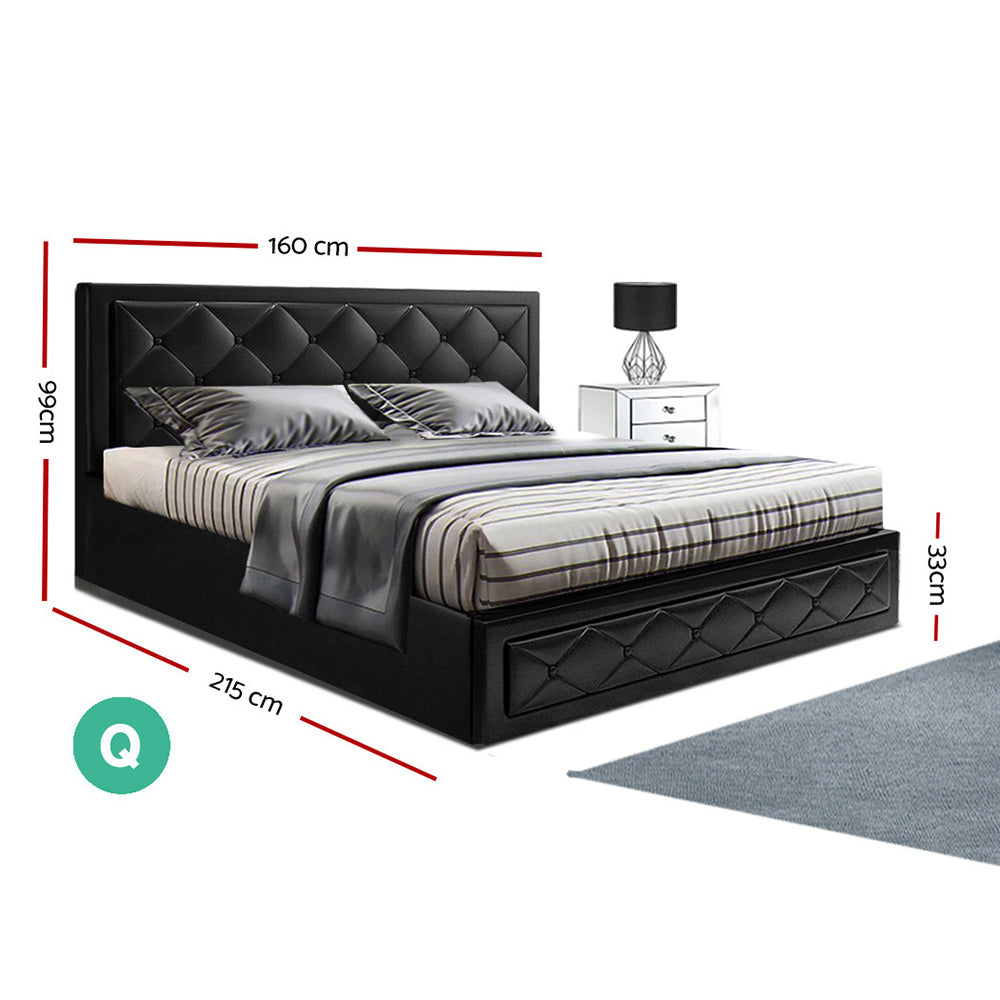 Artiss Tiyo Bed Frame PU Leather Gas Lift Storage - Black Queen