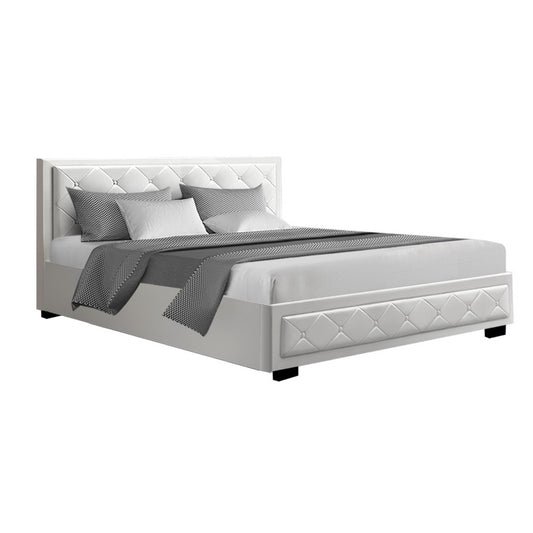 Artiss Bed Frame King Size Gas Lift Base With Storage White Leather Tiyo Collection