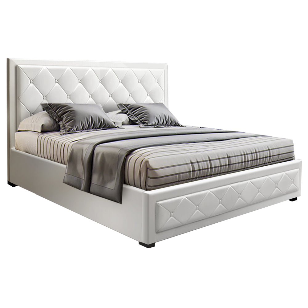 Artiss Tiyo Bed Frame PU Leather Gas Lift Storage - White Queen