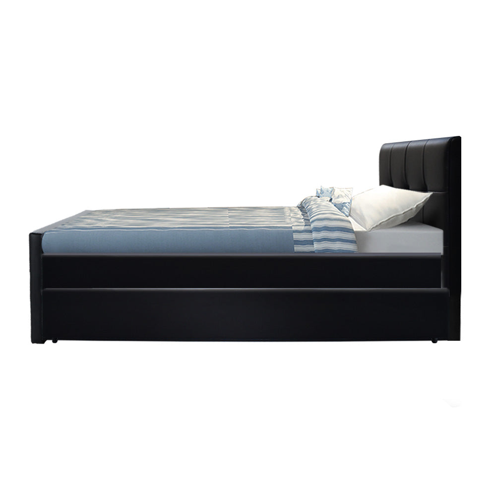 Artiss Trundle Bed Frame King Single Size Black Leather