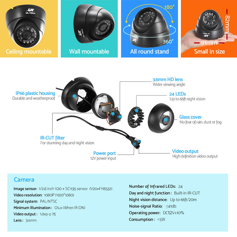 UL-tech CCTV Security Home Camera System DVR 1080P Day Night 2MP IP 4 Dome Cameras 1TB Hard disk