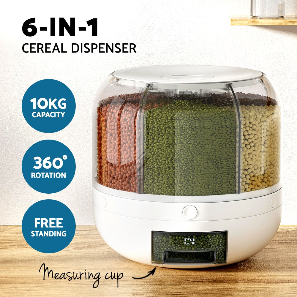 6-In-1 Cereal Dispenser Rotating Grain Container 10KG Rice Storage Dry Food Box