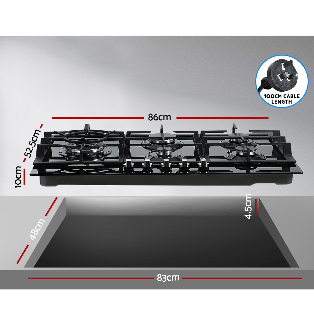 Devanti Gas Cooktop 90cm 5 Burner Stove Hob Cooker Kitchen NG LPG Black Glass