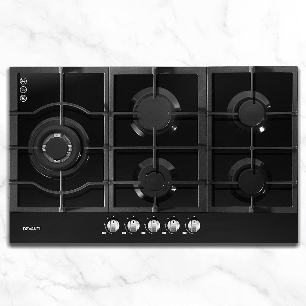 Devanti Gas Cooktop 90cm 5 Burner Stove Hob Cooker Kitchen NG LPG Black Glass