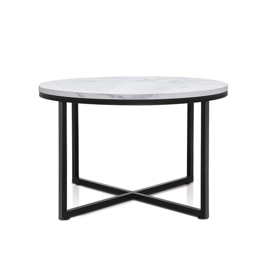 Artiss Coffee Table Marble Effect Side Tables Bedside Round Black Metal 70X70CM