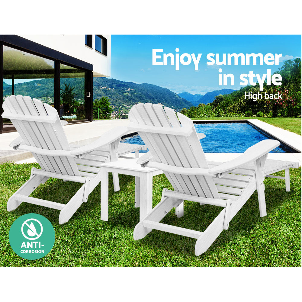 Gardeon 3 Piece Outdoor Adirondack Lounge Beach Chair Set - White