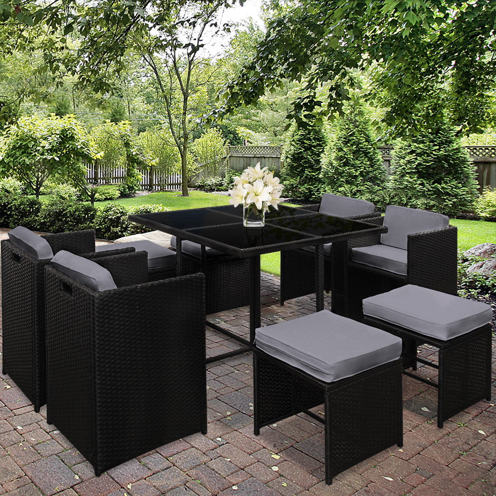 Gardeon 9 Piece Wicker Outdoor Dining Set - Black & Grey