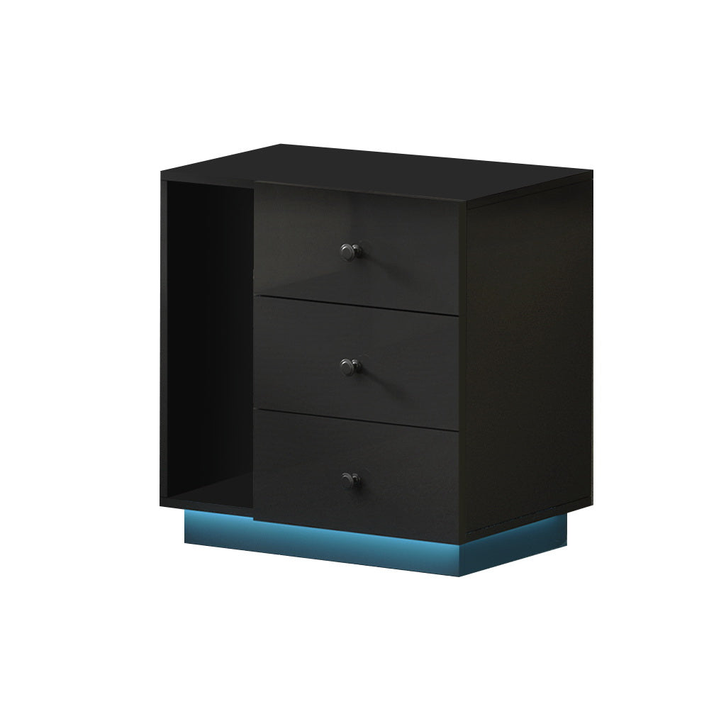 Artiss Bedside Tables Side Table RGB LED 3 Drawers Nightstand High Gloss Black