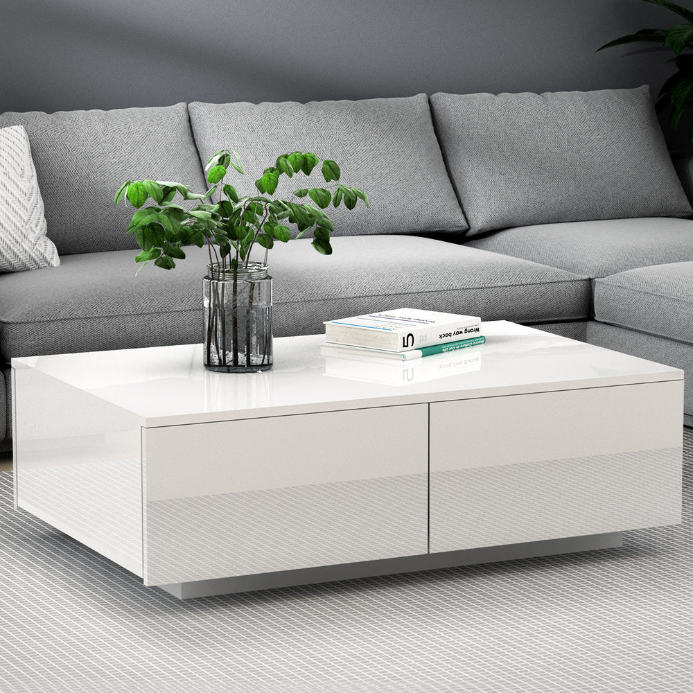 Artiss Modern Coffee Table 4 Storage Drawers High Gloss Living Room Furniture White