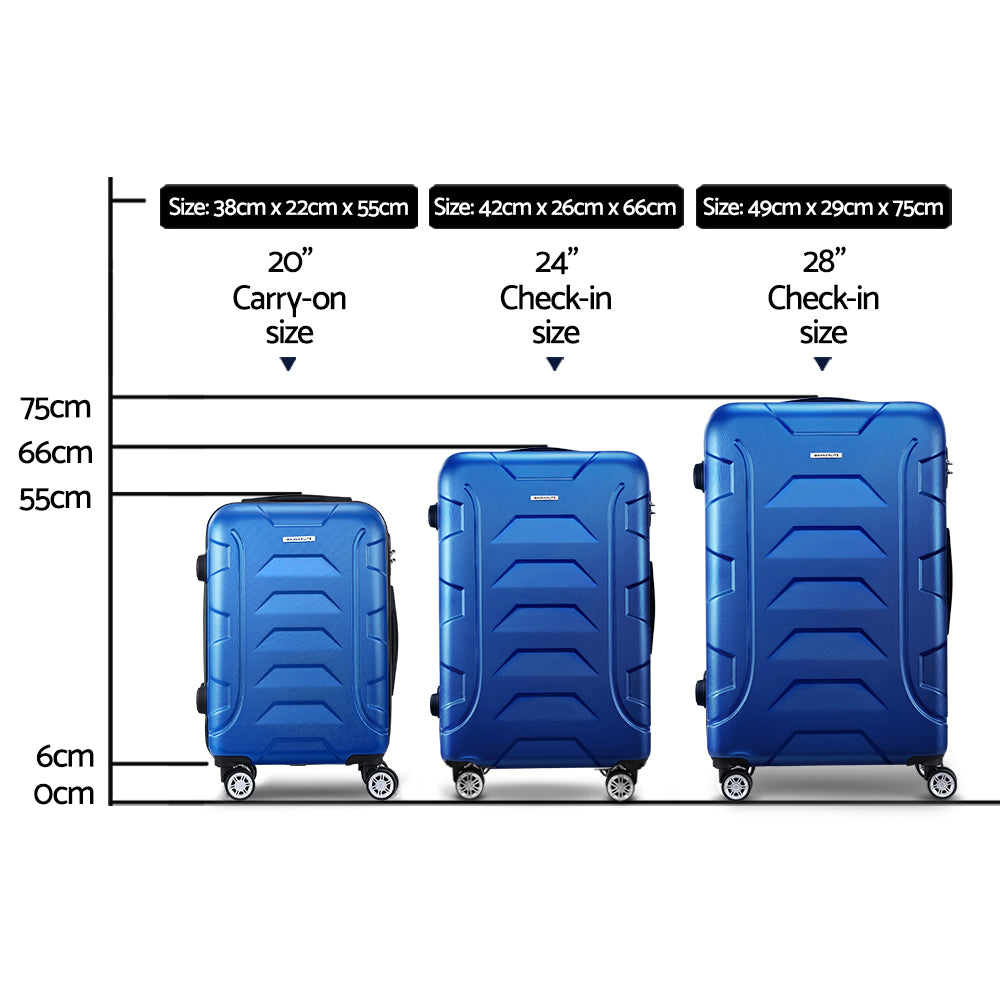 Wanderlite 3pc Luggage Travel Sets Suitcase Trolley TSA Lock Blue