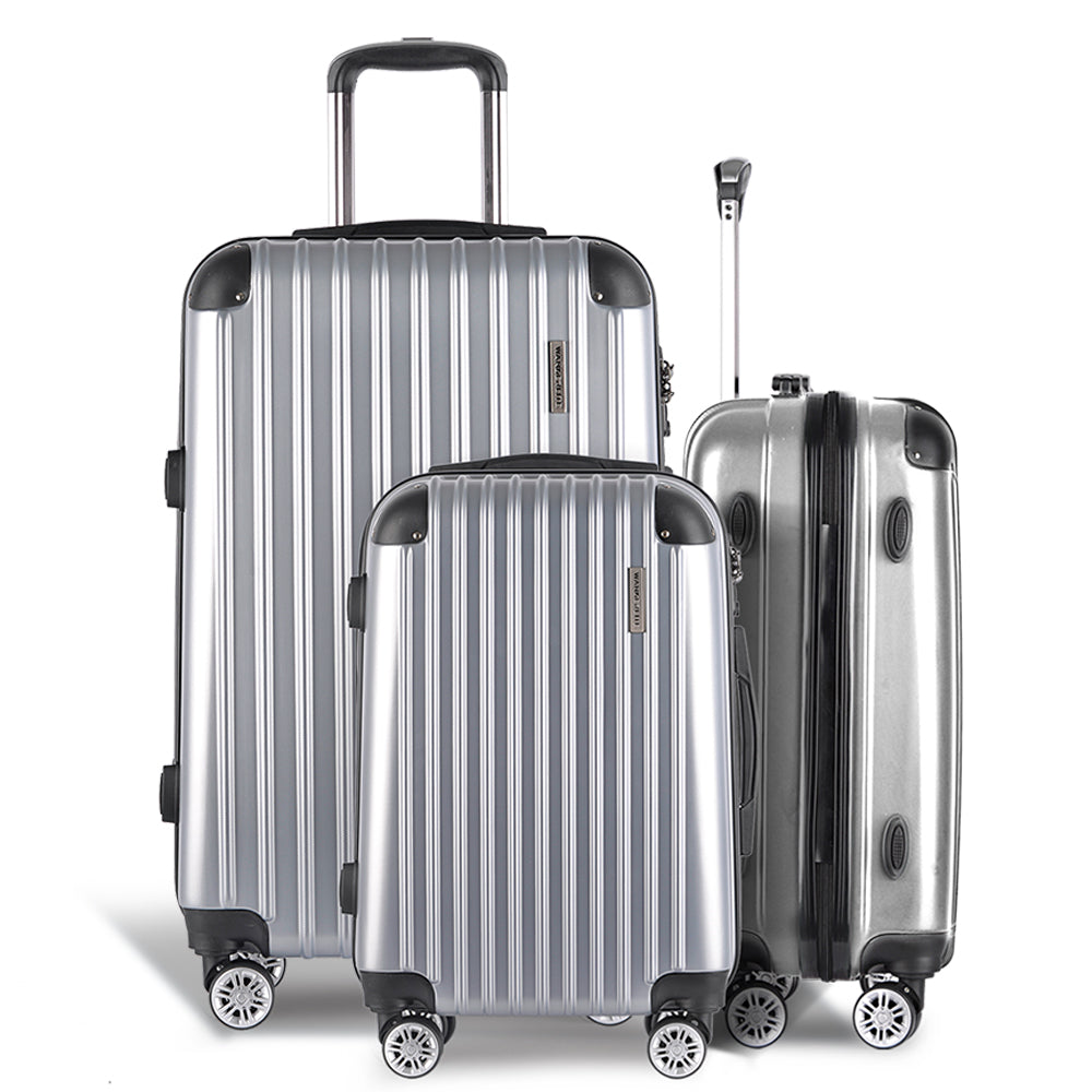 Wanderlite 3pc Luggage Sets Trolley Travel Suitcases TSA Hard Case Silver