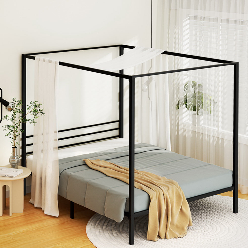 Artiss Bed Frame Metal Four-poster Platform Base Double Size Black POCHY