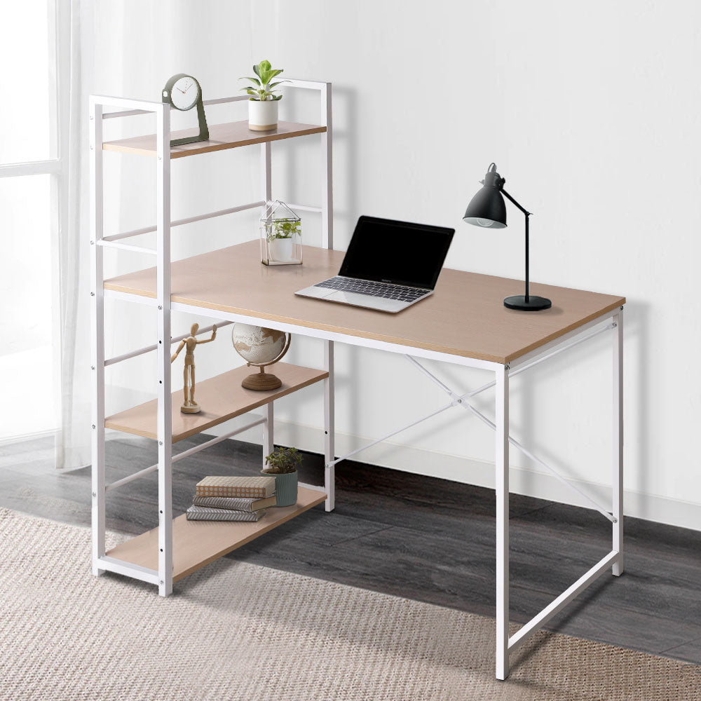 Artiss Metal Desk with Shelves - White with Oak Top