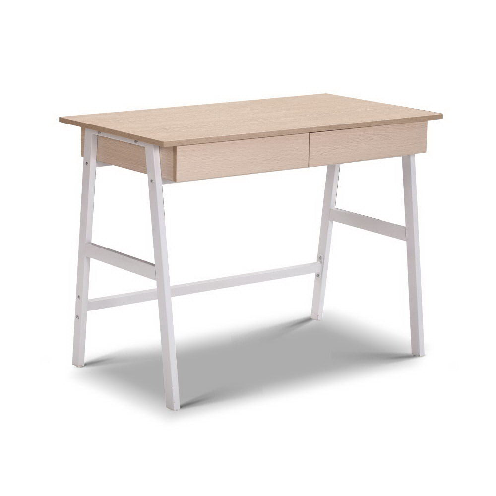 Artiss Metal Desk with Drawer - White with Oak Top