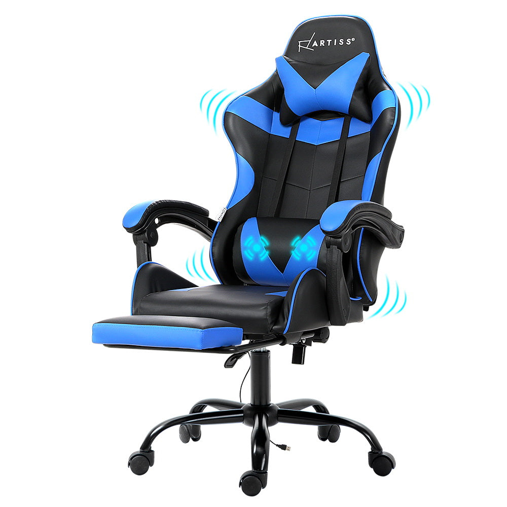 Artiss Massage Gaming Chair 2 Point PU Leather Blue