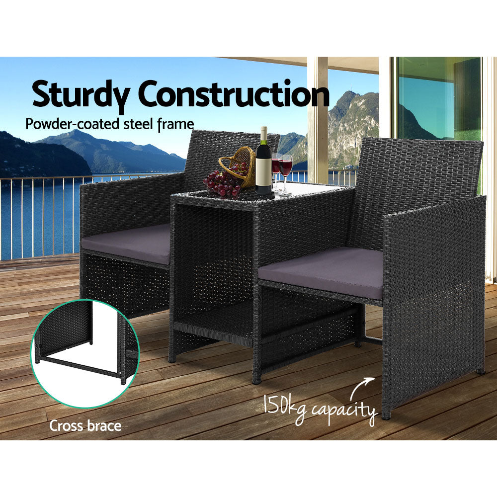 Gardeon Outdoor Setting Wicker Loveseat Birstro Set Patio Garden Furniture Black