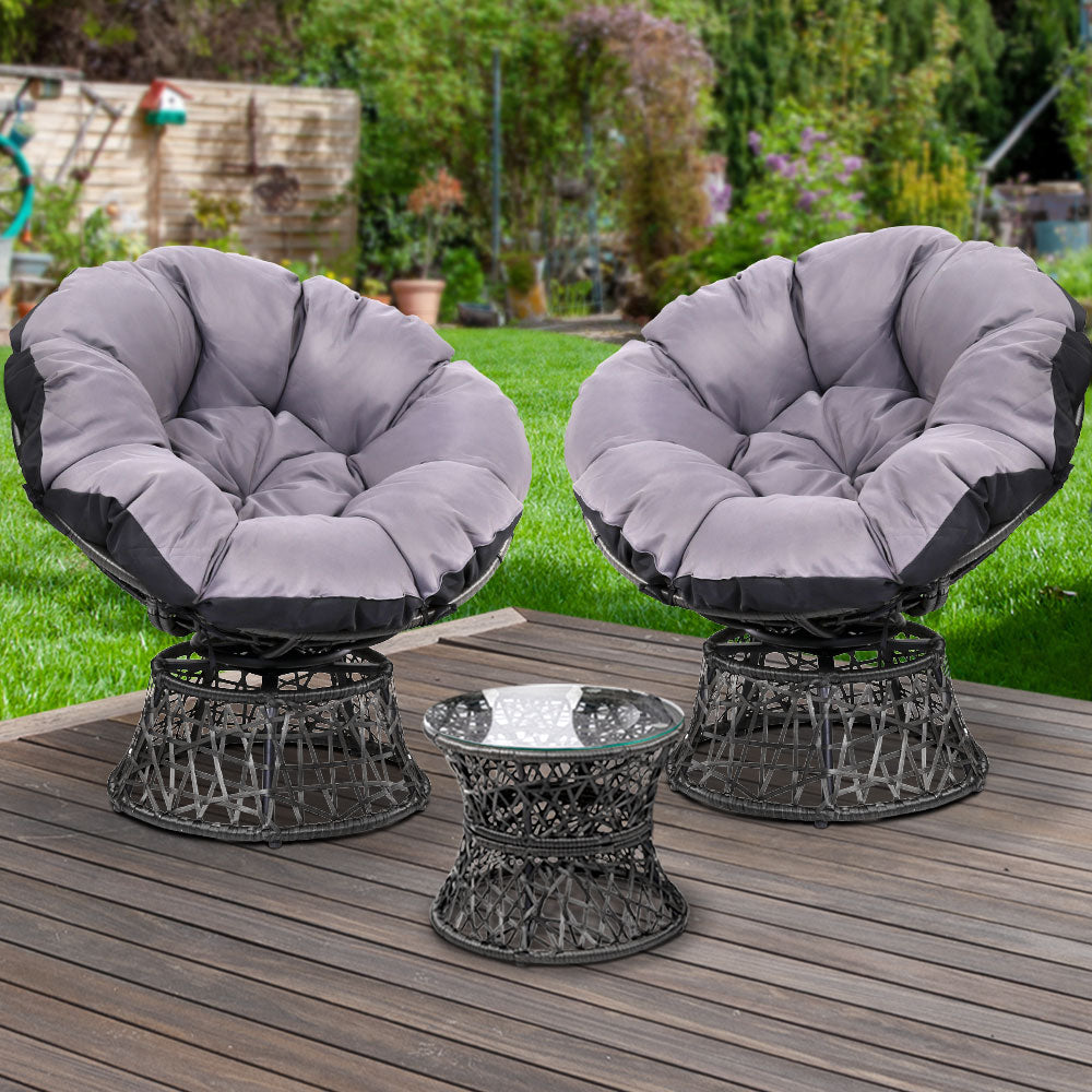 Gardeon Outdoor Lounge Setting Papasan Chairs Table Patio Furniture Wicker Black