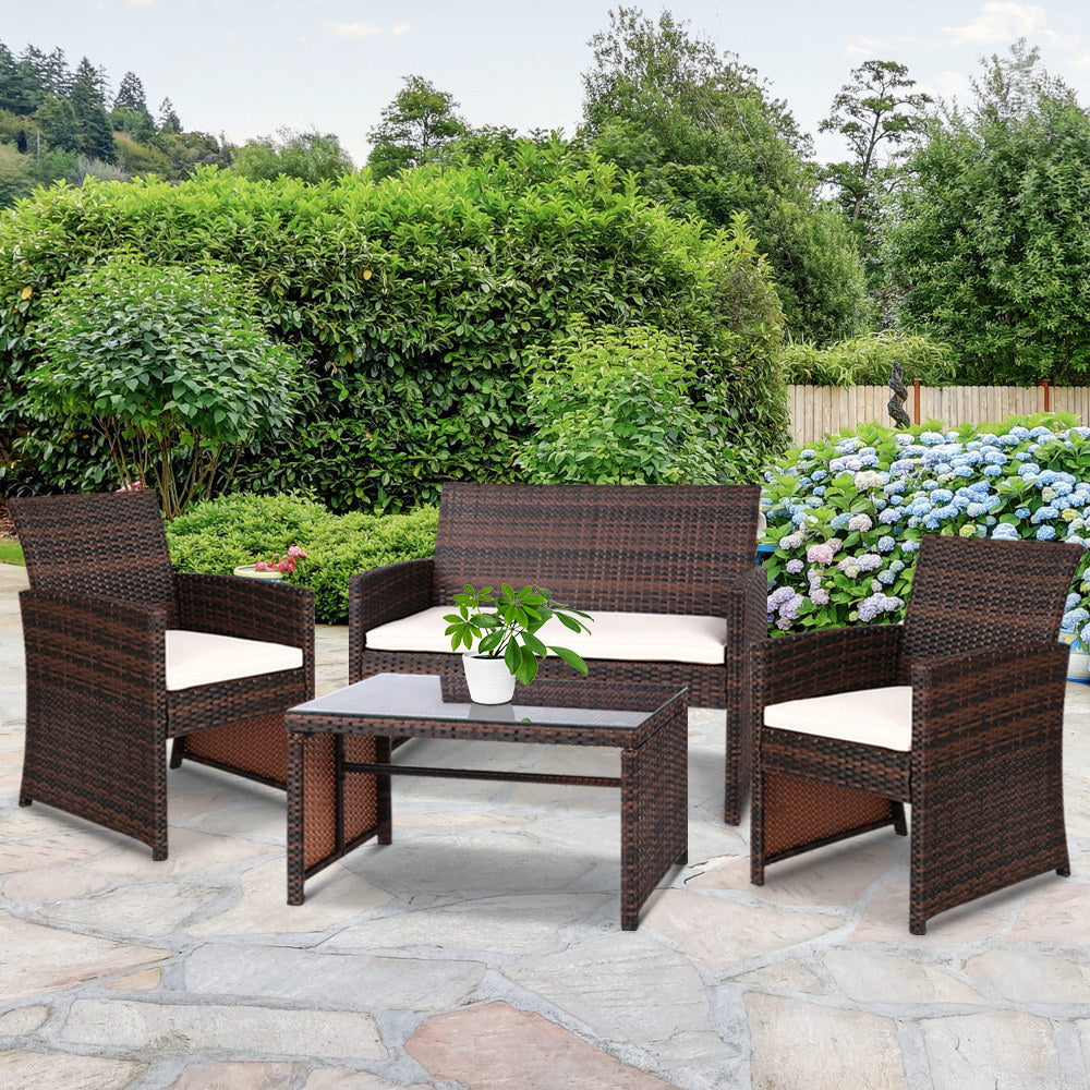 Gardeon Set of 4 Outdoor Lounge Setting Rattan Patio Wicker Dining Set Brown