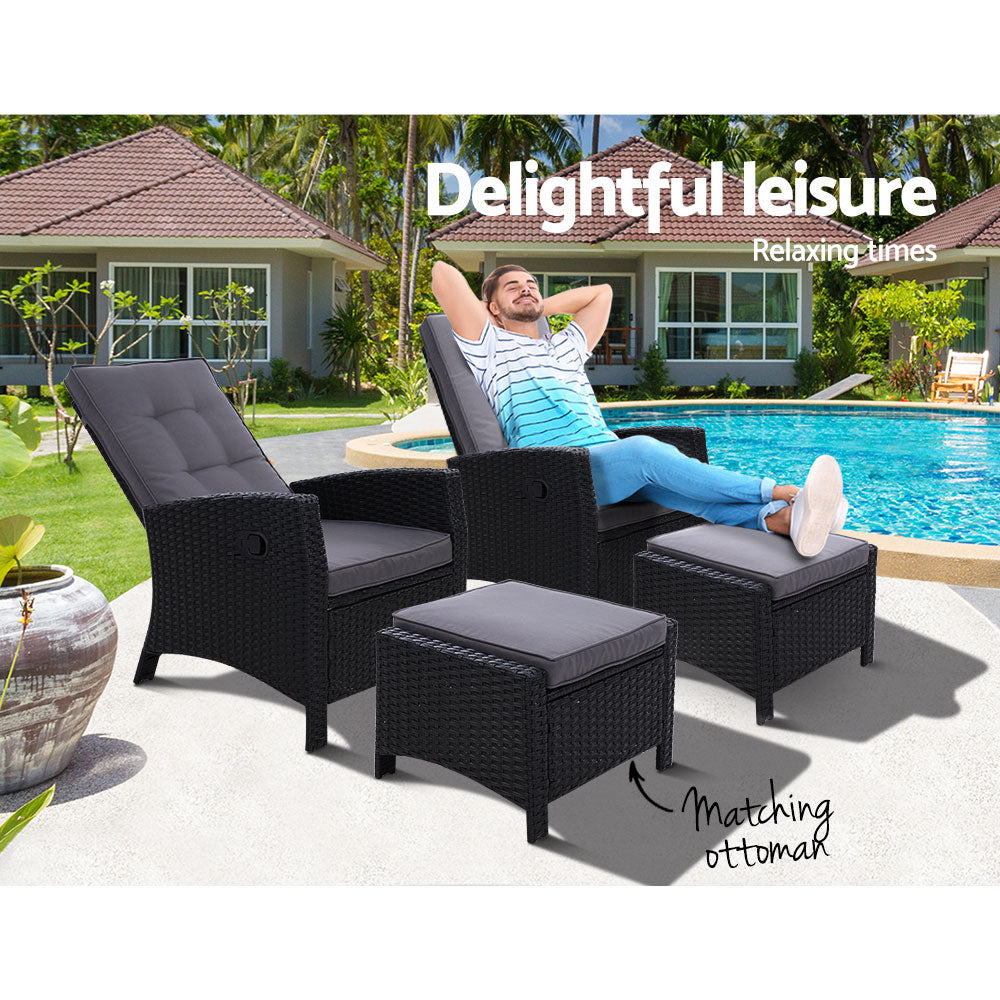 Set of 2 Sun lounge Recliner Chair Wicker Lounger Sofa Day Bed Outdoor Chairs Patio Furniture Garden Cushion Ottoman Gardeon