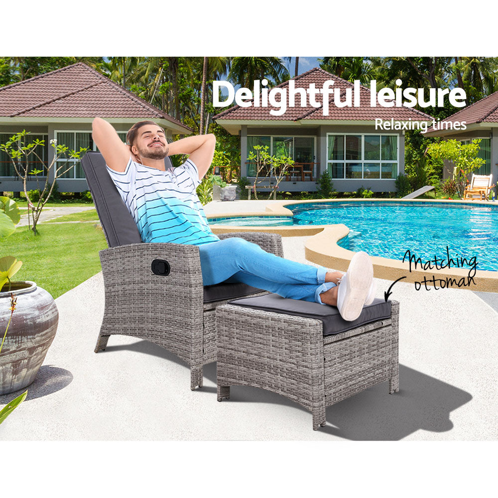 Sun lounge Recliner Chair Wicker Lounger Sofa Day Bed Outdoor Furniture Patio Garden Cushion Ottoman Grey Gardeon