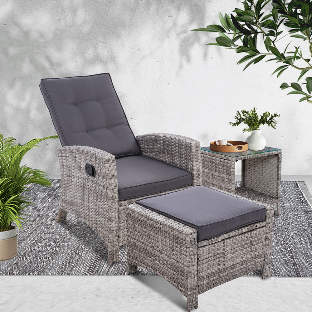 Gardeon Outdoor Setting Recliner Chair Table Set Wicker lounge Patio Furniture Grey