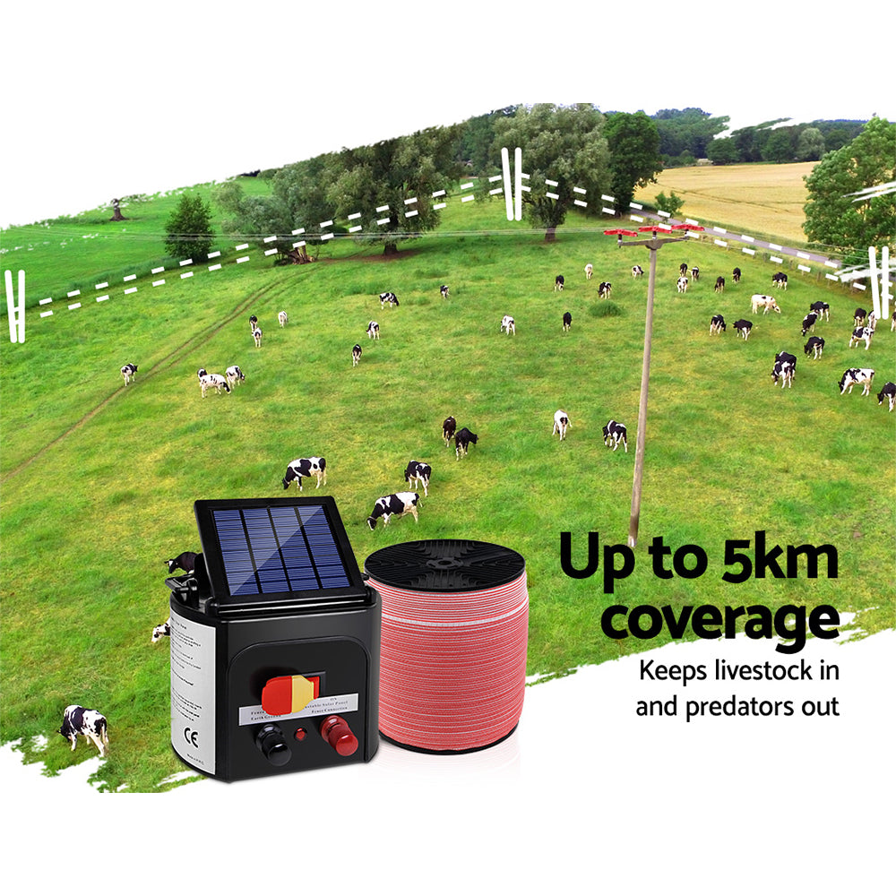 Giantz Electric Fence Energiser 5km Solar Power Charger Set + 2000m Tape