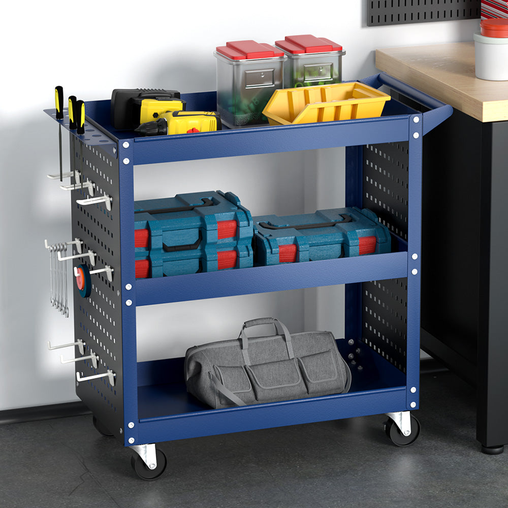 Giantz 3-Tier Tool Trolley Cart Workshop Wheels Mobile Work Mechanic Storage Blue