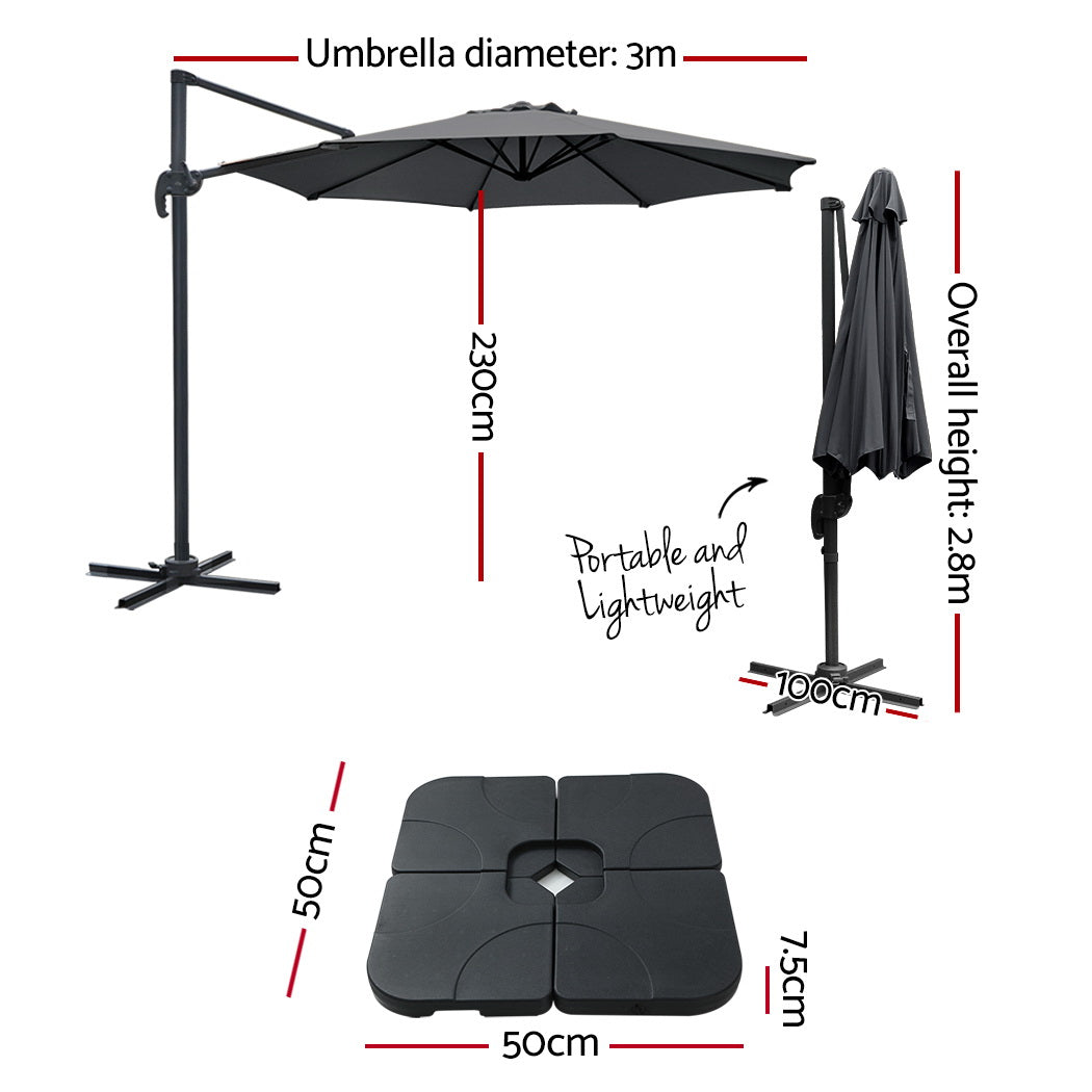 Instahut Outdoor Umbrella 3m Base Cantilever Beach Stand Sun Roma Charcoal 50cm