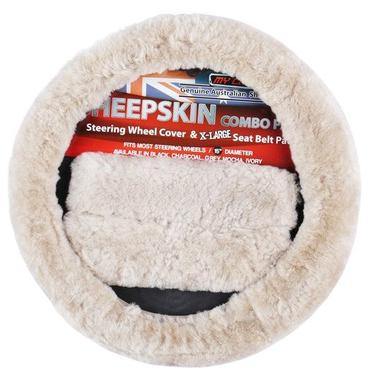 Sheepskin Steering Wheel Cover & Seat Belt Pads Combo Luxury - Mocha