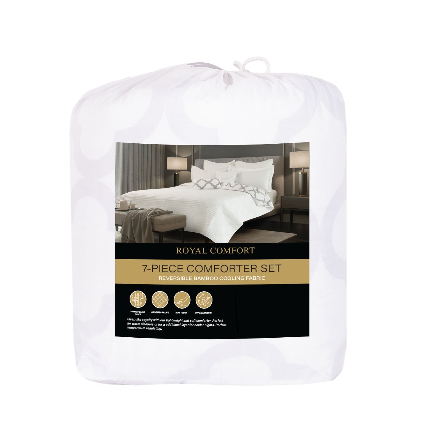 Royal Comfort Bamboo Cooling Reversible 7 Piece Comforter Set Bedspread - Queen - White