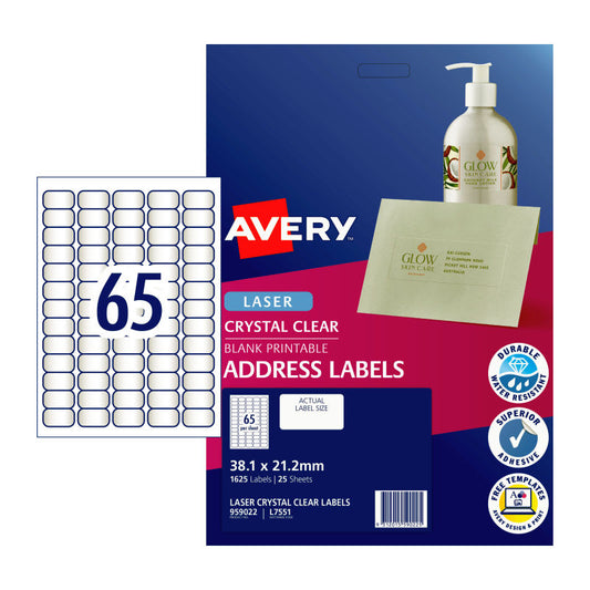 AVERY Laser Label Clear L7551 65Up Pack of 25