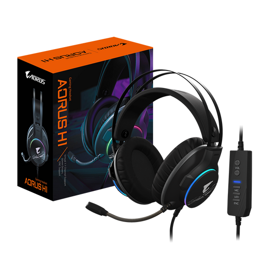 GIGABYTE AORUS H1 Gaming Headset, Virtual 7.1 Channel, 50mm Drivers, RGB, In-Line Audio Controls, ENC Microphone,