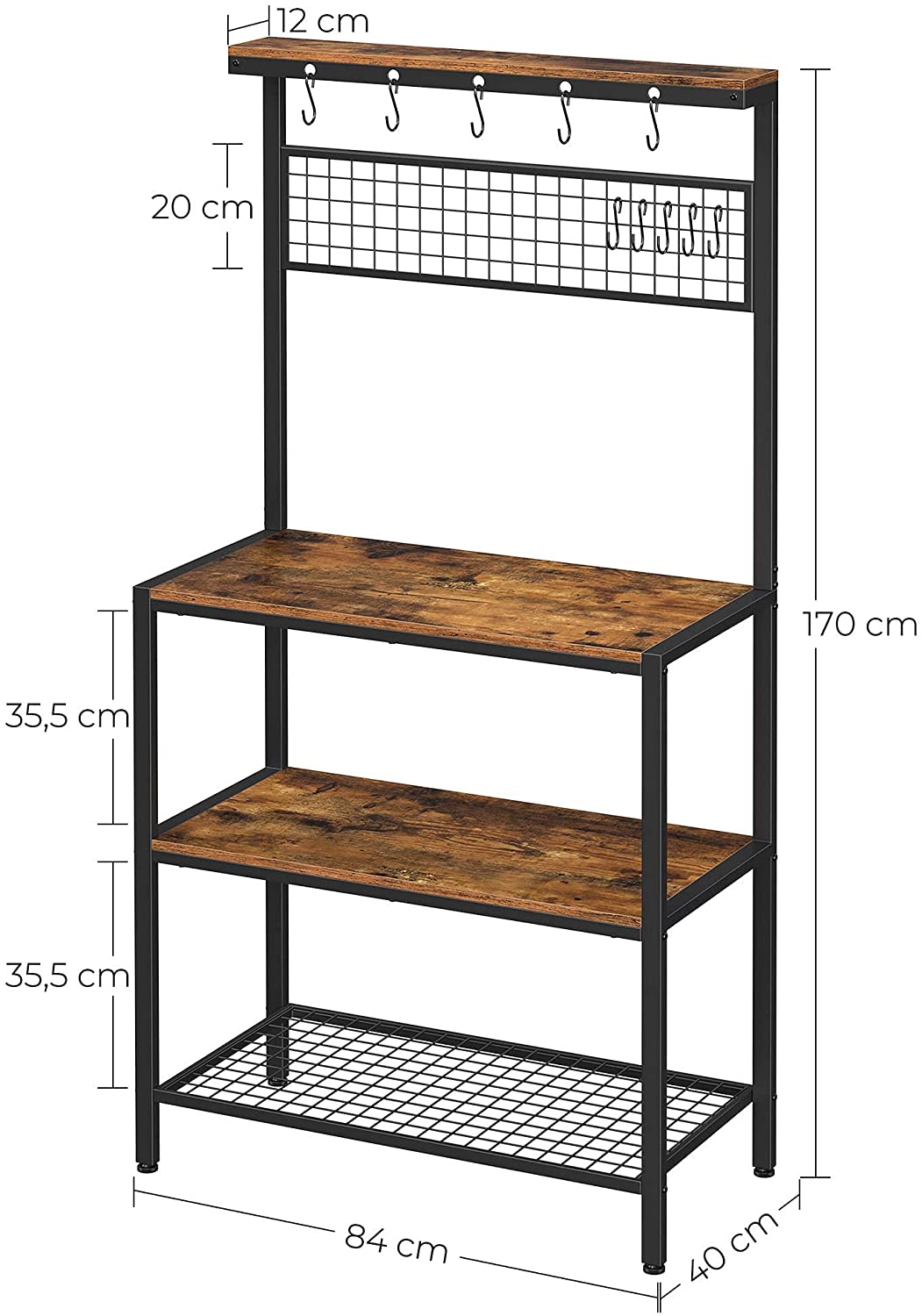 Industrial Kitchen Baker's Rack with Storage Shelves 10 Hooks and Metal Mesh Shelf 84 x 40 x 170 cm Rustic Brown