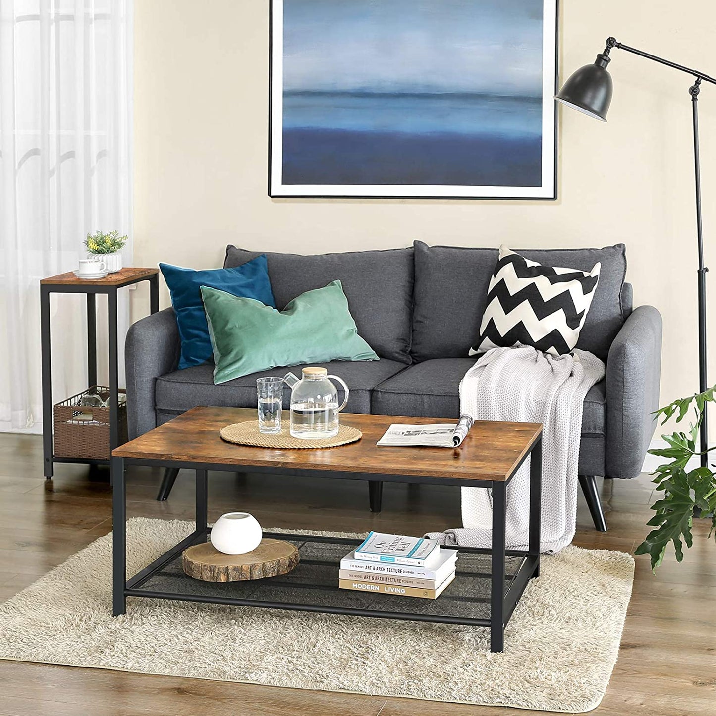 Rustic Brown Side Table with Mesh Shelf