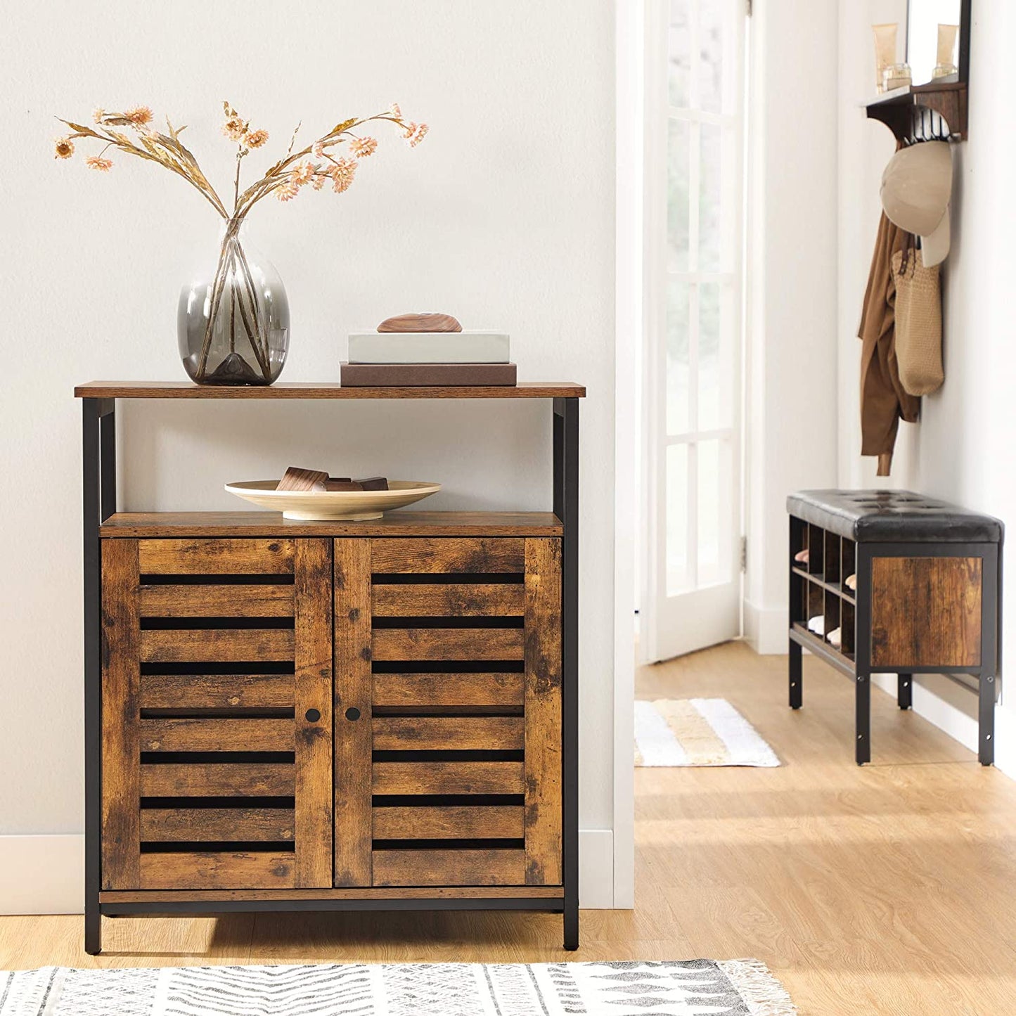 Standing Cabinet with Shelf Cupboard with Louvred Doors Rustic Brown