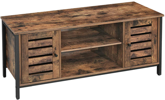 TV Stand Entertainment Unit with Open Shelves and Louvred Doors Storage, Rustic Brown and Black Industrial