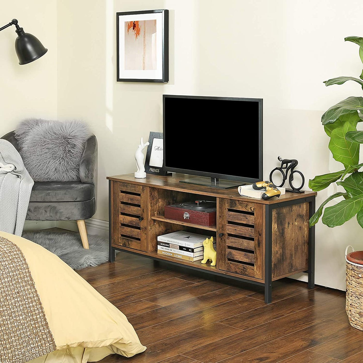 TV Stand Entertainment Unit with Open Shelves and Louvred Doors Storage, Rustic Brown and Black Industrial