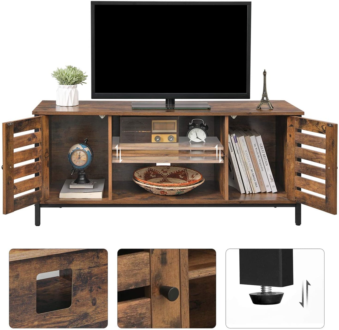 TV Stand Entertainment Unit with Open Shelves and Louvred Doors Storage, Rustic Brown and Black Industrial