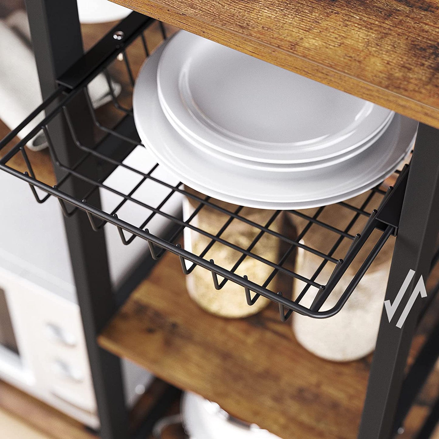 Kitchen Shelf with Steel Frame Wire Basket and 6 Hooks Rustic Brown and Black